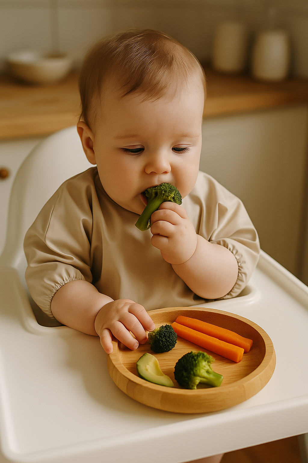 Baby Led Weaning: primeros sólidos con verduras al vapor. Therapeutes, 2025. Todos los derechos reservados. Bebé de seis meses en trona practicando Baby Led Weaning, comiendo brócoli, zanahoria y aguacate.